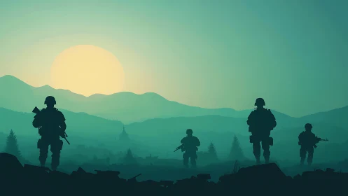 Silhouetted infantry squad advancing across misty valley sunrise