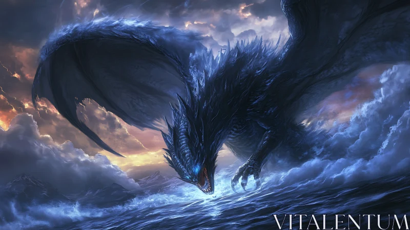 Storm-wreathed dragon erupts from raging ocean under twilight sky.