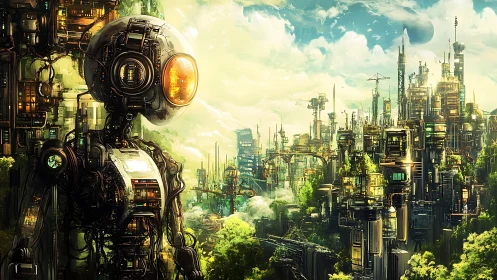 Humanoid robot observing dense futuristic green city.