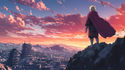 Cloaked figure observes fortified valley city at sunset