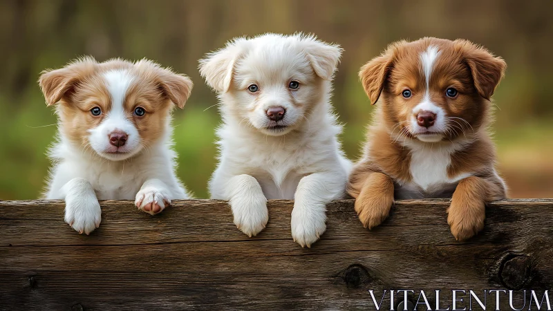 Trio of fluffy puppies gaze over rustic wooden fence together.