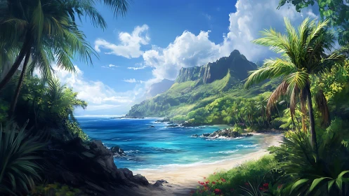 Tropical Coastal Vista with Verdant Cliffs and Crystalline Azure Waters. Digital rendering.