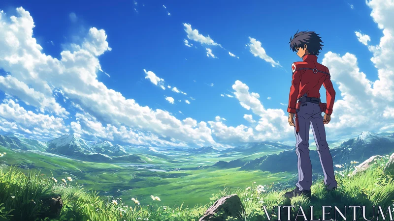 Solitary figure overlooking expansive green valley landscape.