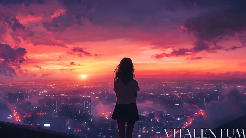 Backlit silhouette on neon dusk cityscape horizon plane.