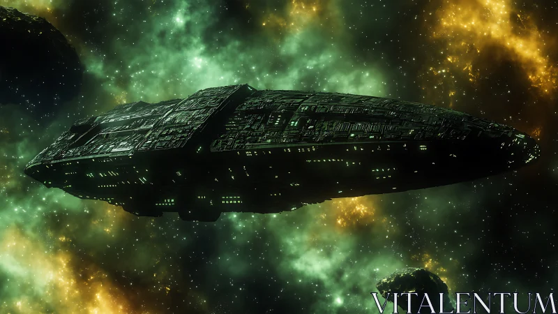 Massive green-illuminated starship crosses nebula with dense hull detail