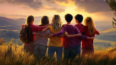 Group of Friends Embracing at Golden Hour Mountain Sunset