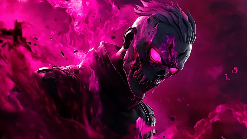 Neon skull warrior emerging through swirling magenta flames.