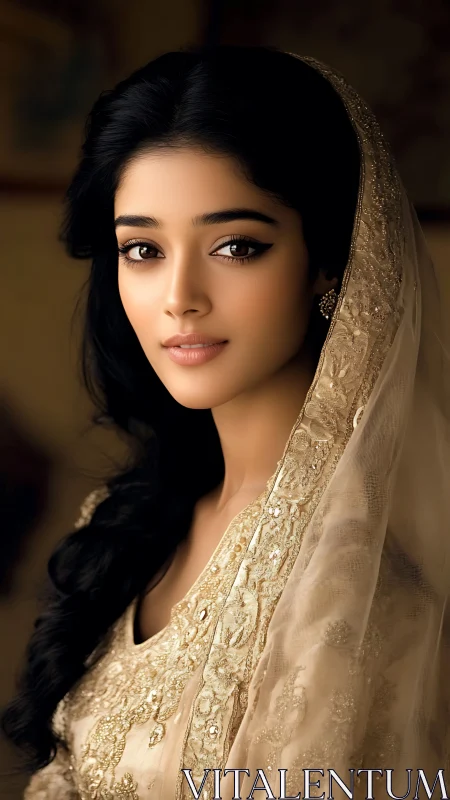 Portrait of woman in embroidered traditional attire. Period.