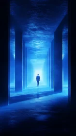 Solitary figure advances through luminous blue corridor space