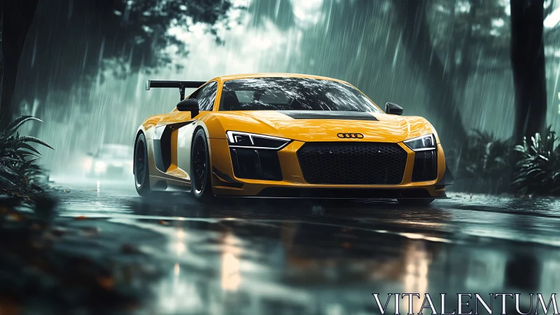 Yellow sports coupe is parked on a wet road during rainfall