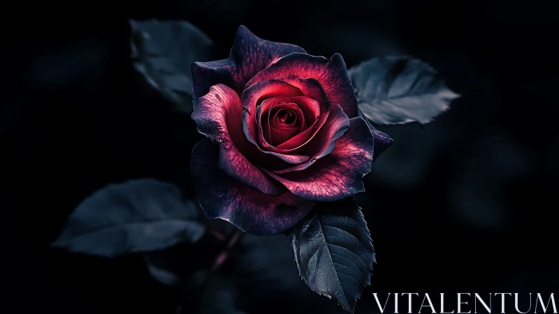 Dark red rose blooming against black background