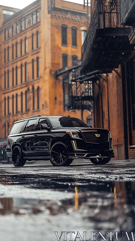 Black SUV with gloss finish parked on wet urban cobblestone street