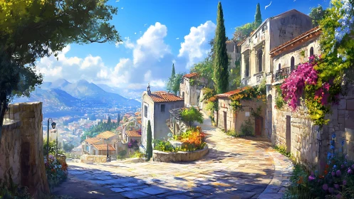 Mediterranean hillside street with stone houses and flora.