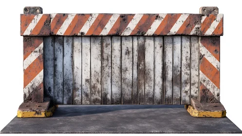 Weathered striped construction barrier stands on concrete pad