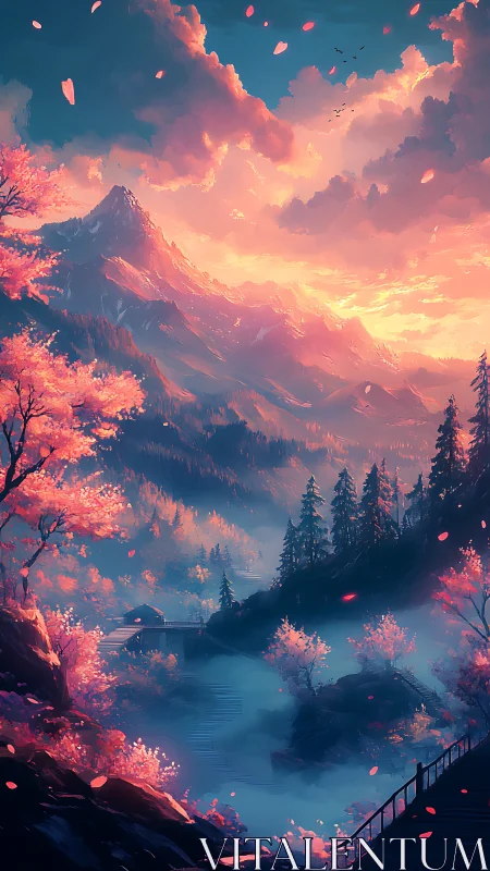 Sunlit cherry blossom valley breathes beneath glowing peaks