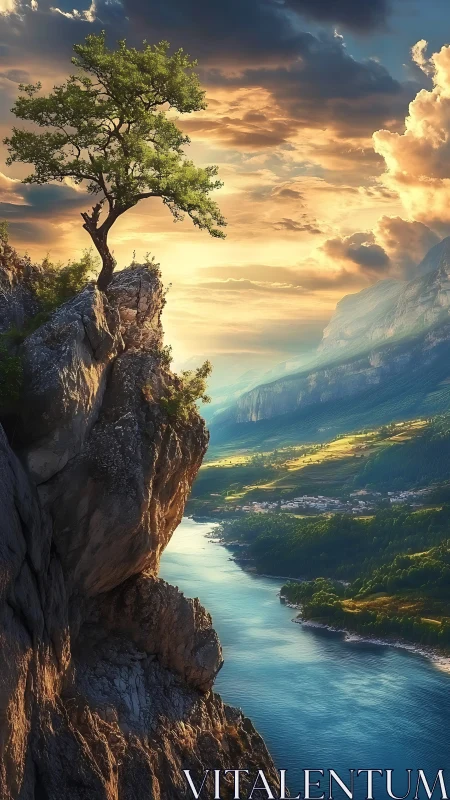 Solitary cliffside tree above river valley at golden sunset