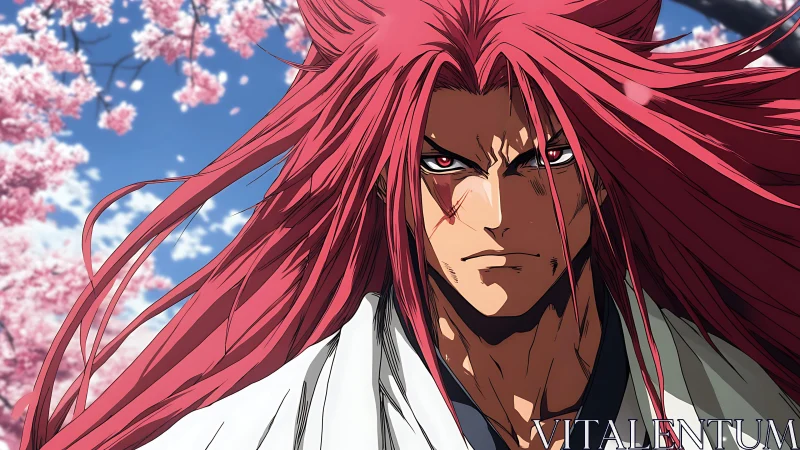 Fierce red warrior beneath soft drifting cherry blossoms.