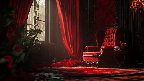 Crimson velvet throne in moody baroque candlelit chamber.
