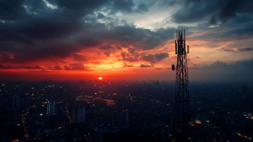 Signal tower crowned by molten city sunset blaze.