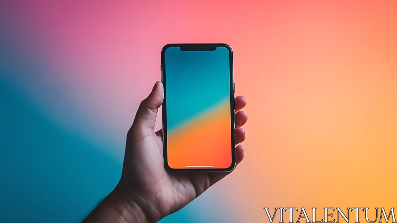 Hand Holding Smartphone Against Vibrant Gradient Background