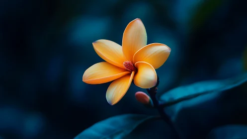 Orange Frangipani Flower with Petals Illuminated Against Dark Bokeh Background