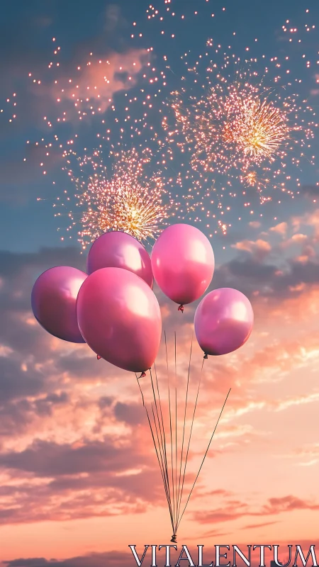 Pink Balloons Rising Into Twilight Sky With Fireworks