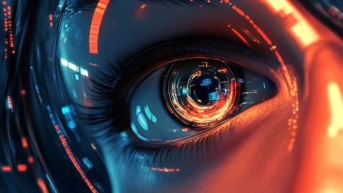 Close-up cybernetic human eye with luminous circuitry focus.