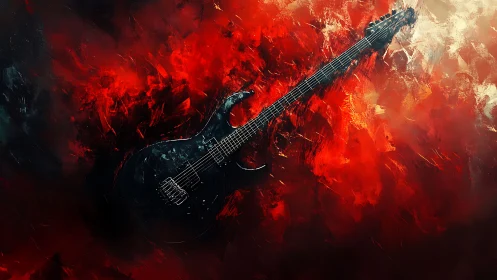 Electric guitar suspended in fiery abstract red field.