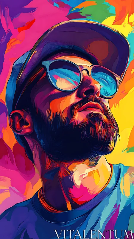 Neon daydreamer in mirrored shades surfing liquid color skies.