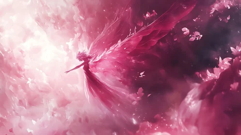 Crimson winged spirit rises through luminous rose clouds.