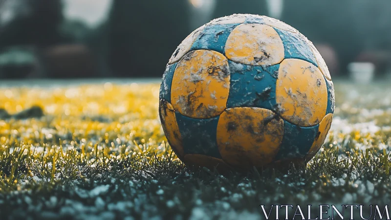 Weathered soccer ball rests on frosty sunlit grass field.