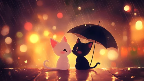 Two Cats Sharing an Umbrella in the Rain.