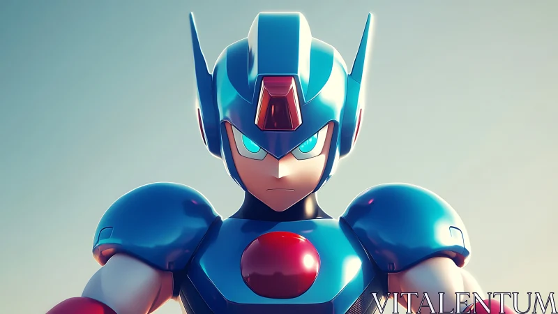 Armored blue anime robot stands ready in glowing light.