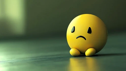 Melancholic 3D emoji sphere sits isolated on blurred floor