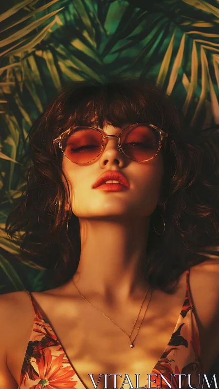 Sun-drenched muse dreaming beneath lush tropical shadows.