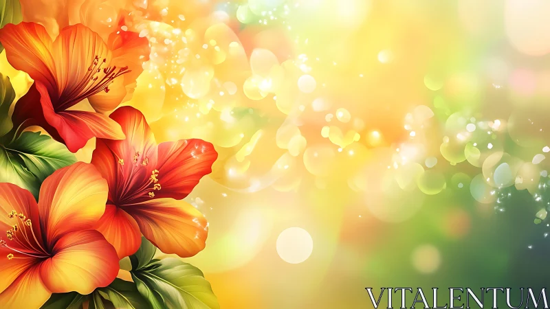 Red Hibiscus Blooms Against Golden Bokeh.