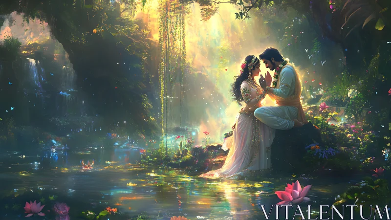 Two souls converge in luminous woodland sanctuary.