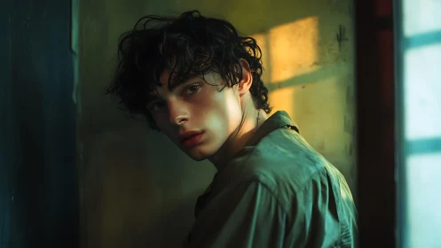 Cinematic portrait of young man in dramatic shaft lighting