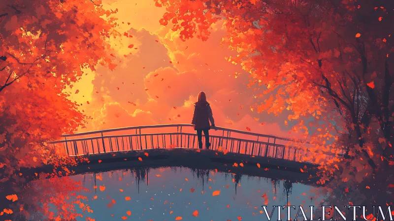 Solitary figure on bridge amid luminous autumn foliage at dusk