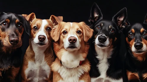 Symmetrical canine portrait array under controlled studio lighting.