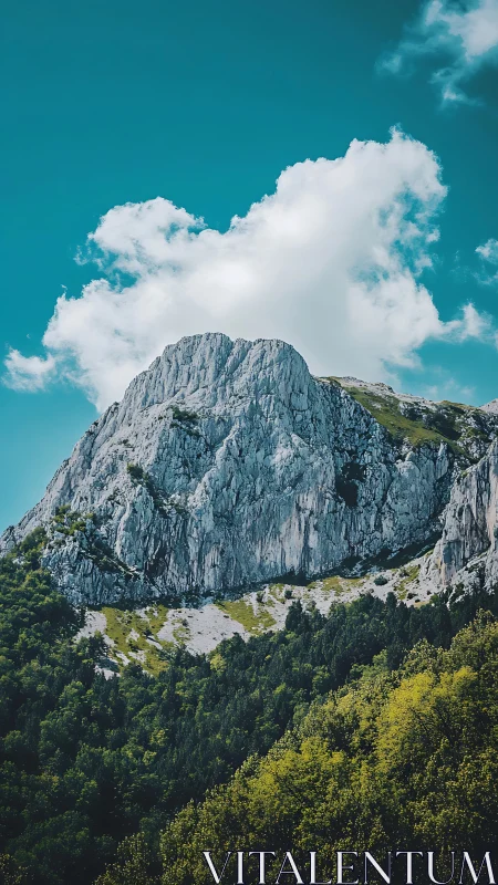 Sheer limestone peak beneath sculpted summer cloudscape.