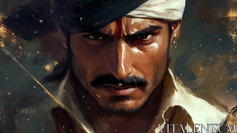 Intense warrior gaze emerges from dramatic painted shadows.