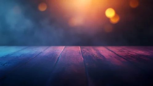 Rustic wooden tabletop with dramatic bokeh lighting in moody style.
