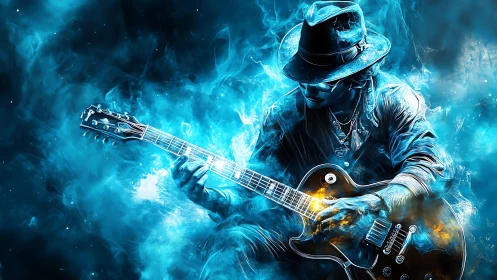 Guitarist in blue smoke playing electric guitar dynamically