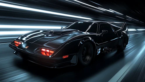 Midnight hypercar blasting through neon tunnel lanes.