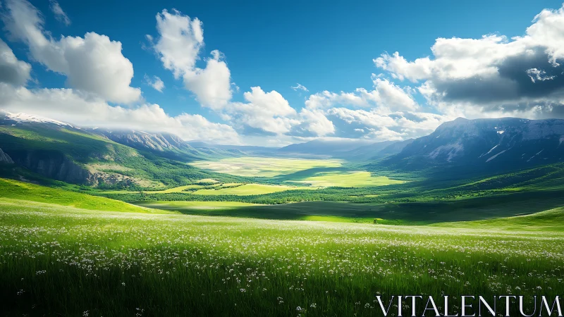 Mountain valley landscape shows wide green fields and clouds