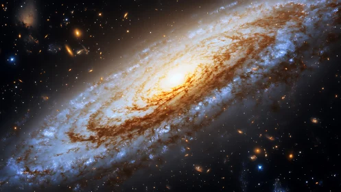 Swirling spiral galaxy core under luminous cosmic dust halo.