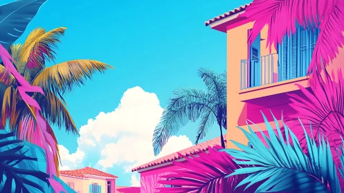 Tropical house facade with stylized palm foliage under sky.