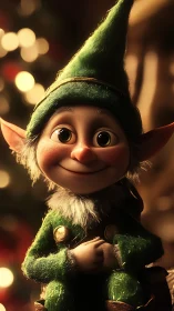 Smiling Christmas elf portrait framed in warm festive lights.