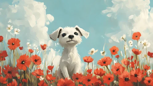 Small white dog is positioned among red field flowers